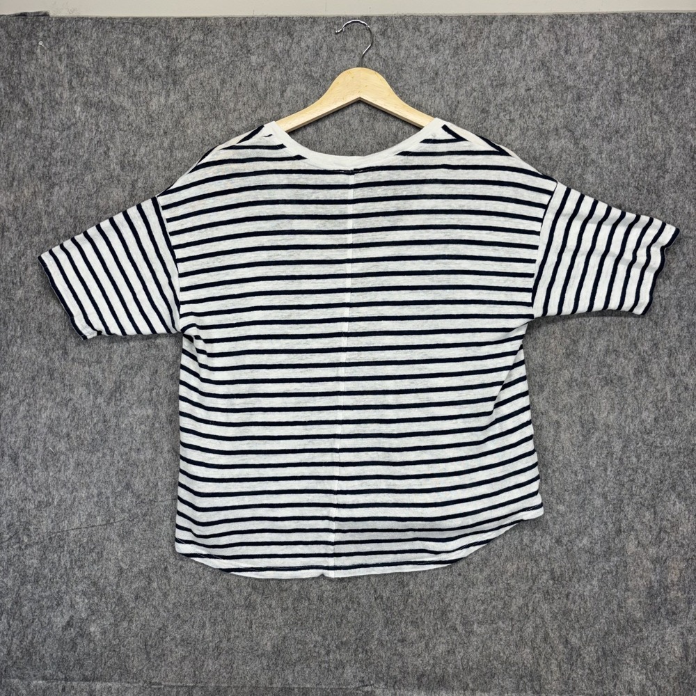 Faherty Oceanside Shirt Womens Small White Navy Stripe Linen V-Neck Short Sleeve - Picture 6 of 9